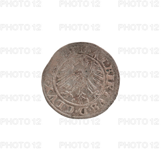 szelag, Nimptsch (Nimsch), Hans, R (rarity). Obv.: Prussian eagle, on its chest the crowned letter S. In the rim between the pearl borders an inscription beginning with a trefoil: ALBERTVS*D*G*DVX*SIE. Rev.: Letter A, under which the heraldic shield of the Hohenzollerns; on both sides of the letter one rosette. On the rim between the pearl borders the inscription: SOLIDVS, SSIE I55O (rosettes at the beginning of the legend and between words). Albrecht Hohenzollern (Prince of Prussia; 1490–1568). 1550. Ducal Prussia (1525–1701), Königsberg. Coin: diameter 19.8 mm, weight 1.10 g, axis 225°.