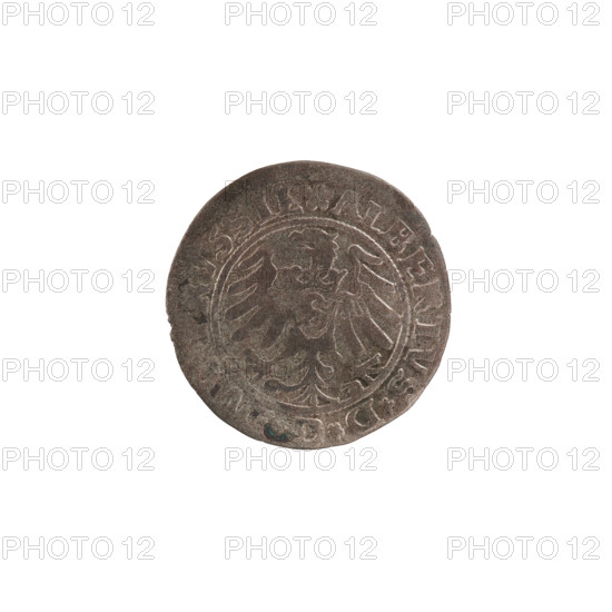 szelag; Straub (Strawb), Heinrich, publisher; Wille, Albrecht (fl. 1520-?), publisher; Decjusz, Jost Ludwik (fl. 1528-1535); eagles; rosettes; Hohenzollern (coat of arms); Albrecht Hohenzollern (prince of Prussia; 1490-1568). Obverse: Prussian eagle, on its chest a crowned letter S. On the rim, between the pearl borders, an inscription beginning with a rosette: ALBERTVS*D*G*, PRVSSIE. Reverse: Letter A, beneath which the coat of arms of the Hohenzollerns. On both sides of the letter, one rosette. On the rim, between the pearl borders, an inscription: SOLIDVS PRVSSIE I53I (rosettes between words). Date: 1531. Place: Ducal Prussia (1525–1701), Königsberg. Coin. Diameter 19.3 mm; weight 1.06 g; axis 225°.