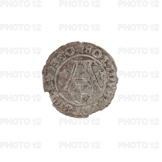 szelag, Nimptsch (Nimsch), Hans, R (rarity), eagles, rosettes, Hohenzollern (coat of arms), Albrecht Hohenzollern (Prince of Prussia; 1490–1568). Obv.: Prussian eagle, on its chest the crowned letter S. In the rim between the pearl borders an inscription beginning with a trefoil: ALBERTVS*D*G*DVX*PR. Rev.: Letter A, under which the heraldic shield of the Hohenzollerns. On both sides of the letter there is one rosette. In the rim between the pearl borders an inscription: SOLIDVS PRV I55O (with rosettes at word dividers). Date: 1550. Place: Ducal Prussia, Königsberg. Coin: diameter 19.4 mm, weight 0.83 g, axis 135°.