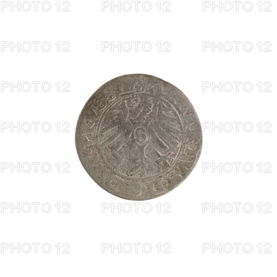 szelag, Nimptsch (Nimsch), Hans, R (rarity), eagles, rosettes, Hohenzollern (coat of arms), Albrecht Hohenzollern (Prince of Prussia; 1490–1568). Obv.: Prussian eagle, on its chest the crowned letter S. In the rim between the pearl borders an inscription beginning with a trefoil: ALBERTVS*D*G*DVX*PRVSSIE. Rev.: Letter A, under which the heraldic shield of the Hohenzollerns; on both sides of the letter one rosette. In the rim between the pearl borders the inscription: SOL, VS PRVSSIE I55O (rosettes at beginning and between words). 1550. Ducal Prussia (1525–1701), Königsberg. Coin: diameter 18.7 mm, weight 0.87 g, axis 45°.