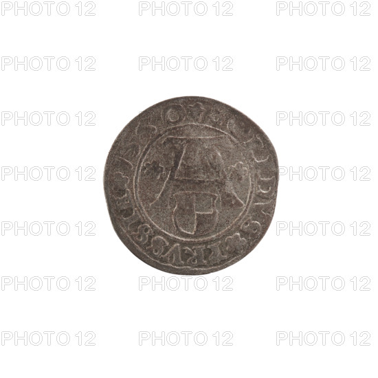 szelag, Nimptsch (Nimsch), Hans, R (rarity), eagles, rosettes, Hohenzollern (coat of arms), Albrecht Hohenzollern (Prince of Prussia; 1490–1568). Obverse: Prussian eagle. In the rim, between the pearl borders, an inscription beginning with a trefoil: ALBERTVS*D*G*DVX*PRVSSIE. Reverse: the letter A, below which the Hohenzollern coat of arms; on both sides of the letter, one rosette. On the rim between the pearl borders the inscription: SOLIDVS PRVSSIE I55O (with rosettes between words). 1550. Ducal Prussia (1525–1701), Königsberg. Coin: diameter 19.3 mm, weight 0.84 g, axis 225°.