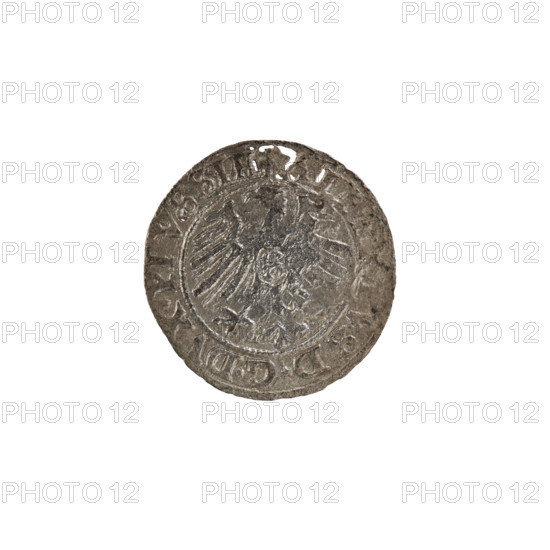 szelag, Nimptsch (Nimsch), Hans, R (rarity), eagles, rosettes, Hohenzollern (coat of arms), Albrecht Hohenzollern (Prince of Prussia; 1490–1568). Obv.: Prussian eagle, on its chest the crowned letter S. In the rim between the pearl borders an inscription beginning with a trefoil: VS*D*G*DVX*P, VSSIE Rw. Letter A, under which the heraldic shield of the Hohenzollerns. On both sides of the letter there is one rosette. In the rim between the pearl borders the inscription: SOLIDVS PRV, IE I55O (At the beginning of the legend and between the words - rosette). 1550. Ducal Prussia (1525–1701), Königsberg. Coin: diameter 19.3 mm, weight 0.71 g, axis 60°.