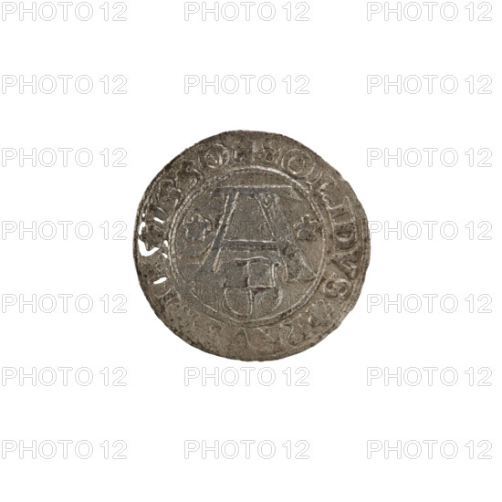 szelag, Nimptsch (Nimsch), Hans, R (rarity), eagles, rosettes, Hohenzollern (coat of arms), Albrecht Hohenzollern (Prince of Prussia; 1490–1568). Obverse: Prussian eagle, on its chest the crowned letter S. In the rim between the pearl borders an inscription beginning with a trefoil: VS*D*G*DVX*P, VSSIE Rw. Letter A, under which the heraldic shield of the Hohenzollerns; on both sides of the letter one rosette. Reverse rim between the pearl borders the inscription: SOLIDVS PRV, IE I55O (with rosettes at the beginning of the legend and between words). Date: 1550. Place: Ducal Prussia (1525–1701), Königsberg. Coin: diameter 19.3 mm, weight 0.71 g, axis 60°.