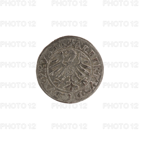 szelag by Hans Nimptsch (Nimsch), R (rarity). Obverse: Prussian eagle with crowned letter S on its chest; in the rim between pearl borders an inscription beginning with a trefoil: ALBERTVS*D*G*DVX*PRVSSIE. Reverse: letter A beneath the heraldic Hohenzollern shield, flanked by rosettes; rim inscription between pearl borders: SOLIDVS PRVSSIE I55O (rosettes at word breaks). Marks: eagles, rosettes, Hohenzollern (coat of arms), Albrecht Hohenzollern (Prince of Prussia; 1490–1568). Date: 1550. Place: Ducal Prussia (1525–1701), Königsberg. Coin: diameter 19.6 mm, weight 1.17 g, axis 225°.