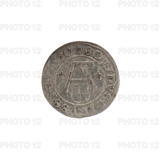 szelag by Nimptsch (Nimsch), Hans; rarity R. Obverse: Prussian eagle bearing on its chest the crowned letter S; rim inscription beginning with a trefoil: ALBERTVS*D*G*DVX*PRVSSIE. Reverse: letter A above the Hohenzollern heraldic shield, flanked by rosettes; rim inscription with rosettes: SOLIDVS PRVSSIE I55O. Inscription date 1550. Albrecht Hohenzollern (Prince of Prussia; 1490–1568). Ducal Prussia (1525–1701), Königsberg. Coin; diameter 19.6 mm, weight 1.17 g, axis 225°.