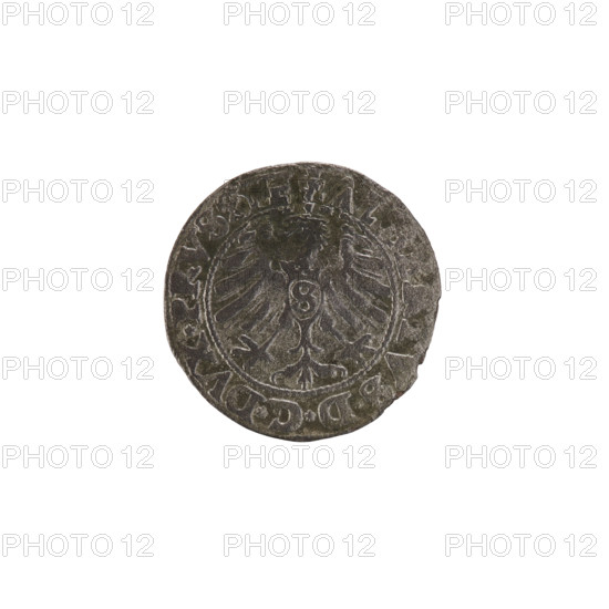 szelag, Nimptsch (Nimsch), Hans, R (rarity), eagles, rosettes, Hohenzollern (coat of arms), Albrecht Hohenzollern (Prince of Prussia; 1490–1568). Obv.: Prussian eagle, on its chest the crowned letter S. In the rim between the pearl borders an inscription beginning with a trefoil: ALBERTVS*D*G*DVX*PRVSSIE. Rev.: Letter A, under which the heraldic shield of the Hohenzollerns. On both sides of the letter one rosette. On the rim between the pearl borders the inscription: SOLIDVS PRVSSIE I55O (rosettes at the beginning and between words). 1550; Ducal Prussia (1525–1701), Königsberg. Coin: diameter 18.7 mm, weight 1.02 g, axis 225°.