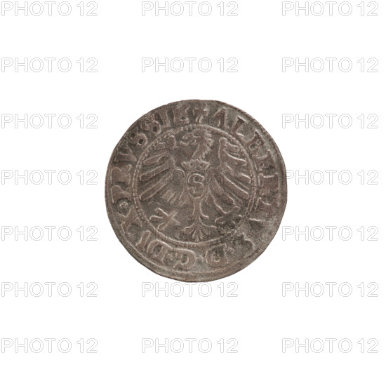 szelag; maker: Nimptsch (Nimsch), Hans; rarity: R; motifs: eagles, rosettes, Hohenzollern coat of arms; sitter/authority: Albrecht Hohenzollern (Prince of Prussia; 1490–1568). Obverse: Prussian eagle with crowned letter S on its chest; rim inscription beginning with a trefoil: ALBERTVS*D*G*DVX*PRVSSIE. Reverse: Letter A beneath the Hohenzollern heraldic shield, flanked by rosettes; rim inscription with rosettes: SOLIDVS PRVSSIE I55O. Date: 1550. Place: Ducal Prussia (1525–1701), Königsberg. Object type: coin (szelag). Measurements: diameter 19.4 mm; weight 0.91 g; axis 225°.