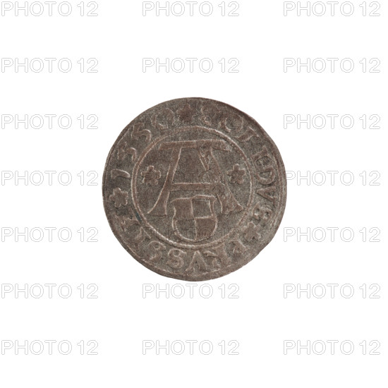 szelag by Nimptsch (Nimsch), Hans; R (rarity). Obverse: Prussian eagle with crowned letter S on its chest; in the rim between pearl borders an inscription beginning with a trefoil: ALBERTVS*D*G*DVX*PRVSSIE. Reverse: letter A beneath the Hohenzollern heraldic shield, flanked by rosettes; in the rim between pearl borders the inscription SOLIDVS PRVSSIE I55O with rosettes marking word breaks. Features Hohenzollern coat of arms and Albrecht Hohenzollern (Prince of Prussia; 1490–1568). Dated 1550. Ducal Prussia (1525–1701), Königsberg. Coin: diameter 19.4 mm, weight 0.91 g, axis 225°.