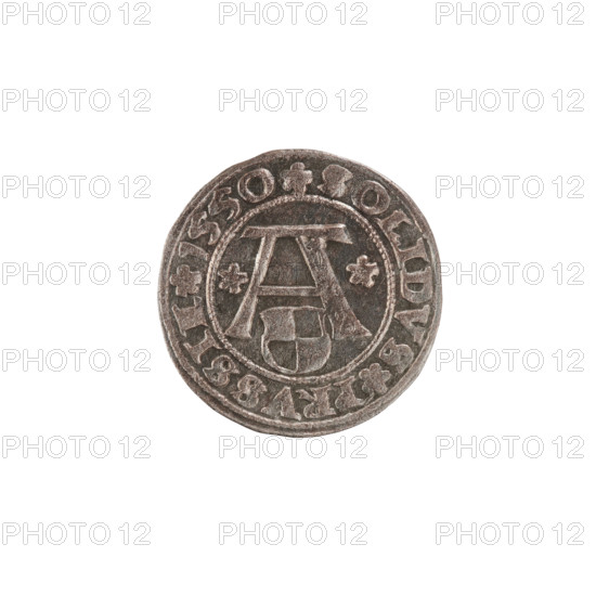 szelag, Nimptsch (Nimsch), Hans, R (rarity). Obv.: Prussian eagle, on its chest the crowned letter S. In the rim between the pearl borders an inscription beginning with a trefoil: ALBERTVS*D*G*DVX*PRVSSIE. Rev.: Letter A, under which the heraldic shield of the Hohenzollerns; on both sides of the letter one rosette. On the rim between the pearl borders the inscription: SOLIDVS PRVSSIE I55O (rosette at the beginning of the legend and between the words). 1550. Ducal Prussia (1525–1701), Königsberg. Coin: diameter 19.9 mm, weight 1.24 g, axis 225°.