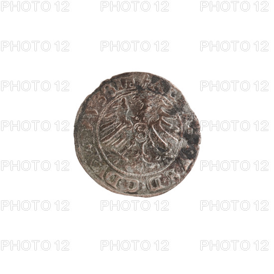 szelag, Nimptsch (Nimsch), Hans, R (rarity). Obverse: Prussian eagle, on its chest the crowned letter S. In the rim between the pearl borders an inscription beginning with a trefoil: ALVS*D*G*DVX*PRVSSIE. Reverse: Letter A, under which the heraldic shield of the Hohenzollerns; on both sides of the letter one rosette. In the rim between the pearl borders the inscription: SO, DVS PRVSSIE I550 (rosette at the beginning of the legend and between the words). 1550. Albrecht Hohenzollern (Prince of Prussia; 1490–1568). Ducal Prussia (1525–1701), Königsberg. Coin: diameter 19.0 mm, weight 0.87 g, axis 260°.