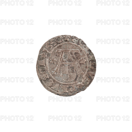szelag, Nimptsch (Nimsch), Hans, R (rarity). Eagles, rosettes, Hohenzollern (coat of arms). Albrecht Hohenzollern (Prince of Prussia; 1490–1568). Obverse: Prussian eagle, on its chest the crowned letter S. In the rim between the pearl borders an inscription beginning with a trefoil: ALVS*D*G*DVX*PRVSSIE. Reverse: Letter A, under which the heraldic shield of the Hohenzollerns; on both sides of the letter one rosette. In the rim between the pearl borders the inscription: SO, DVS PRVSSIE I550 (rosettes at beginning and between words). 1550. Ducal Prussia (1525–1701), Königsberg. Coin: diameter 19.0 mm, weight 0.87 g, axis 260°.