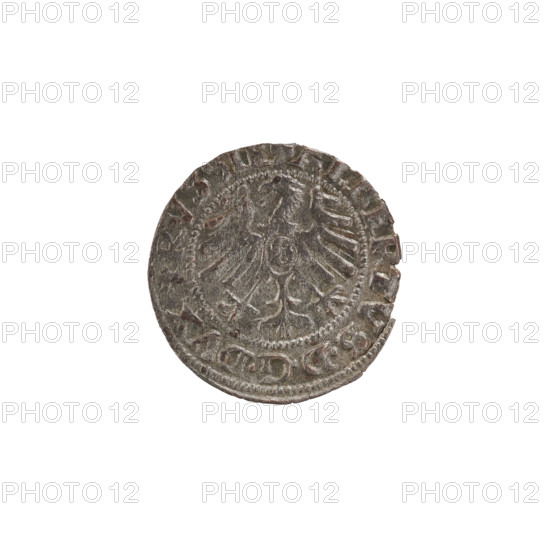 szelag, Nimptsch (Nimsch), Wolf, R1 (rarity); eagles; Hohenzollern (coat of arms); rosettes; Albrecht Hohenzollern (Prince of Prussia; 1490–1568). Obv.: Prussian eagle, on its chest the crowned letter S. On the rim, between the pearl borders, an inscription beginning with a trefoil; between the words, one dot. Inscription: ALBERTUS DG DVX, PRVSSIE. Rev.: The letter A, below which the heraldic shield of the Hohenzollerns; on both sides of the letter, one rosette. In the rim, between the pearl borders, an inscription beginning with a rosette; one rosette between the words. Legend: SOLIDVS PRVSSIE. 1557. Ducal Prussia (1525–1701), Königsberg. Coin: diameter 19.6 mm, weight 1.09 g, axis 40°.