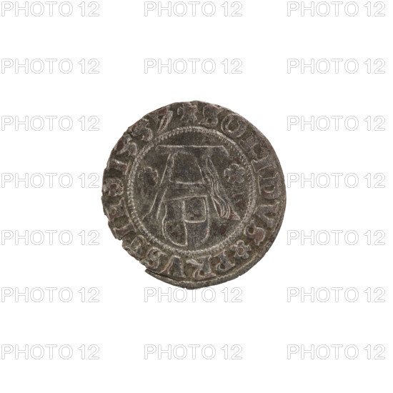 szelag, Nimptsch (Nimsch), Wolf, R1 (rarity), eagles, Hohenzollern (coat of arms), rosettes, Albrecht Hohenzollern (Prince of Prussia; 1490–1568). Obv.: Prussian eagle, on its chest the crowned letter S; on the rim between pearl borders an inscription beginning with a trefoil, with one dot between words: ALBERTUS DG DVX, PRVSSIE. Rev.: the letter A above the heraldic shield of the Hohenzollerns, with one rosette on each side of the letter; in the rim between pearl borders an inscription beginning with a rosette, one rosette between words: SOLIDVS PRVSSIE. 1557. Ducal Prussia (1525–1701), Königsberg. Coin: diameter 19.6 mm, weight 1.09 g, axis 40°.