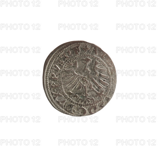 szelag, Nimptsch (Nimsch), Wolf, R1 (rarity); eagles, rosettes, Hohenzollern (coat of arms); Albrecht Hohenzollern (Prince of Prussia; 1490–1568). Obv.: Prussian eagle, on its chest the crowned letter S. On the rim, between pearl borders, an inscription beginning with a trefoil; between the words, one dot: AL, DG DVX PRVSSIE. Rev.: the letter A with the heraldic shield of the Hohenzollerns below; on both sides of the letter, one rosette. In the rim, between pearl borders, an inscription beginning with a rosette; one rosette between the words: SOLIDVS PRVSSIE. 1557. Ducal Prussia (1525–1701), Königsberg. Coin: diameter 19.6 mm; weight 0.96 g; axis 270°.