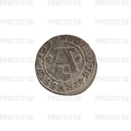 szelag, Nimptsch (Nimsch), Wolf, R1 (rarity). Eagles, rosettes, Hohenzollern (coat of arms). Albrecht Hohenzollern (Prince of Prussia; 1490–1568). Obverse: Prussian eagle, on its chest the crowned letter S; on the rim between pearl borders an inscription beginning with a trefoil, with dots between words: AL, DG DVX PRVSSIE. Reverse: the letter A with the heraldic shield of the Hohenzollerns below it, rosettes on both sides of the letter; on the rim between pearl borders an inscription beginning with a rosette and rosettes between words: SOLIDVS PRVSSIE. Date: 1557. Place/authority: Ducal Prussia (1525–1701), Königsberg. Coin: diameter 19.6 mm, weight 0.96 g, axis 270°.