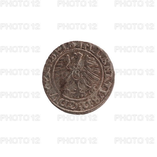 szelag, Nimptsch (Nimsch), Wolf, R1 (rarity), eagles, rosettes, Hohenzollern (coat of arms), Albrecht Hohenzollern (Prince of Prussia; 1490–1568). Obv.: Prussian eagle, on its chest the crowned letter S. On the rim, between the pearl borders, an inscription beginning with a tower — the mint master's mark; between the words one dot: ALBERTVS DG DVX PRVSSIE. Rev.: the letter A, below which the heraldic shield of the Hohenzollerns; on both sides of the letter one rosette. In the rim, between the pearl borders, an inscription beginning with a rosette; one rosette between the words: SOLIDVS PRVSSIE 1557. 1557. Ducal Prussia (1525–1701), Königsberg. Coin: diameter 19.3 mm, weight 1.11 g, axis 135°.