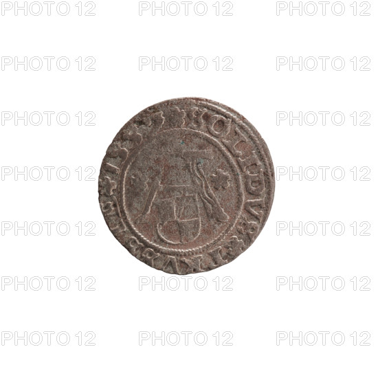 szelag, Nimptsch (Nimsch), Wolf, R1 (rarity), eagles, rosettes, Hohenzollern (coat of arms), Albrecht Hohenzollern (Prince of Prussia; 1490-1568). Obv. Prussian eagle, on its chest the crowned letter S. On the rim, between the pearl borders, an inscription beginning with a tower - the mint master's mark. Between the words one dot ALBERTVS DG DVX PRVSSIE. Rev. The letter A, below which the heraldic shield of the Hohenzollerns. On both sides of the letter, one rosette. In the rim, between the pearl borders, an inscription beginning with a rosette. One rosette between the words. SOLIDVS PRVSSIE. 1557. Ducal Prussia (1525–1701), Königsberg. Coin: diameter 19.3 mm, weight 1.11 g, axis 135°.