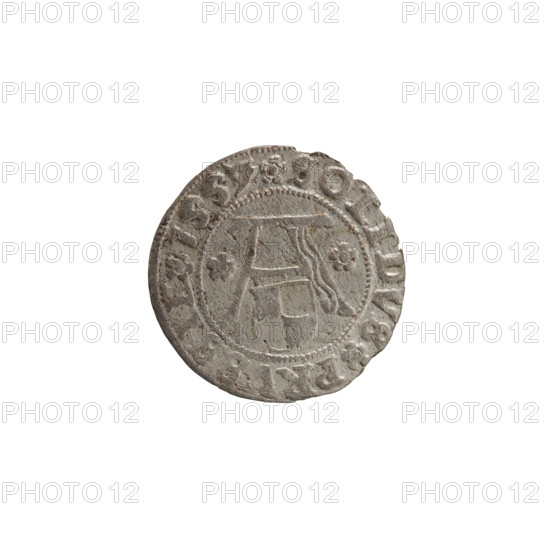 szelag, Nimptsch (Nimsch), Wolf, R1 (rarity), eagles, rosettes, Hohenzollern (coat of arms), Albrecht Hohenzollern (Prince of Prussia; 1490–1568). Obv.: Prussian eagle, on its chest the crowned letter S; on the rim, between pearl borders, an inscription beginning with a tower — the mint master's mark; between the words one dot: ALBERTVS DG DVX PRVSSIE. Rev.: the letter A, below which the heraldic shield of the Hohenzollerns; on both sides of the letter, one rosette; in the rim, between pearl borders, an inscription beginning with a rosette, one rosette between the words: SOLIDVS PRVSSIE 1557. 1557. Ducal Prussia (1525–1701), Königsberg. Coin: diameter 19.2 mm, weight 0.98 g, axis 135°.