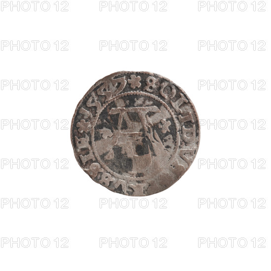 szelag, Nimptsch (Nimsch), Wolf, R1 (rarity), eagles, rosettes, Hohenzollern (coat of arms), Albrecht Hohenzollern (Prince of Prussia; 1490–1568). Obverse: Prussian eagle, on its chest the crowned letter S. On the rim, between the pearl borders, an inscription beginning with a tower—the mint master's mark; between the words one dot: AL, RT, DG DVX PRVSSIE. Reverse: the letter A with the heraldic shield of the Hohenzollerns below; on both sides of the letter one rosette. In the rim, between the pearl borders, an inscription beginning with a rosette; one rosette between the words: SOLIDVS PRVSSIE 1557. 1557. Ducal Prussia (1525–1701), Königsberg. Coin: diameter 19.4 mm, weight 1.02 g, axis 45°.