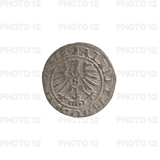 szelag, Nimptsch (Nimsch), Wolf, R1 (rarity), eagles, rosettes, Hohenzollern (coat of arms), Albrecht Hohenzollern (Prince of Prussia; 1490–1568). Obverse: Prussian eagle, on its chest the crowned letter S. On the rim, between the pearl borders, an inscription beginning with a tower — the mint master's mark. Between the words one dot ALBERTVS DG DVX, SIE Rw. The letter A, under which the heraldic shield of the Hohenzollerns. On both sides of the letters, one rosette. Reverse: in the rim between the pearl borders an inscription beginning with a rosette. One rosette between the words. SOLI, PRVSSIE 1557. Ducal Prussia (1525–1701), Königsberg. Coin: diameter 19.2 mm, weight 0.88 g, axis 315°.