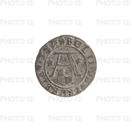 szelag, Nimptsch (Nimsch), Wolf, R1 (rarity); eagles, rosettes; Hohenzollern (coat of arms); Albrecht Hohenzollern (Prince of Prussia; 1490–1568). Obverse: Prussian eagle with crowned letter S on its chest; on the rim between pearl borders an inscription beginning with a tower (mint master's mark) and, between words, one dot: ALBERTVS DG DVX, SIE Rw. The letter A with the Hohenzollern heraldic shield beneath; rosettes flanking the letters. Reverse: in the rim between pearl borders an inscription beginning with a rosette, one rosette between words: SOLI, PRVSSIE 1557. Ducal Prussia (1525–1701), Königsberg. Coin: diameter 19.2 mm, weight 0.88 g, axis 315°.