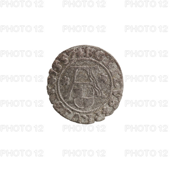 szelag, Nimptsch (Nimsch), Wolf, R1 (rarity), eagles, rosettes, Hohenzollern (coat of arms), Albrecht Hohenzollern (Prince of Prussia; 1490–1568). Obv.: Prussian eagle with crowned letter S on its chest; on the rim between pearl borders an inscription beginning with a tower mint-master's mark and dots between words: ALBERTVS DG DVX PRV. Rev.: letter A above the Hohenzollern heraldic shield, a rosette on each side of the letter; on the rim between pearl borders an inscription beginning with a rosette and rosettes between words: SOLIDVS PRVSSIE I557. Date: 1557. Place: Ducal Prussia (1525–1701), Königsberg. Object: coin (szelag), diameter 18.9 mm, weight 0.79 g, axis 220°