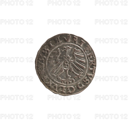 szelag, Nimptsch (Nimsch), Wolf, R1 (rarity), eagles, Hohenzollern (coat of arms), rosettes, Albrecht Hohenzollern (Prince of Prussia; 1490–1568). Obv.: Prussian eagle, on its chest the crowned letter S; on the rim between the pearl borders an inscription beginning with a tower — the mint master's mark; between the words one dot. Inscription: ALBERTVS DG DVX PRVSSIE. Rev.: the letter A, below which the heraldic shield of the Hohenzollerns; on both sides of the letter one rosette; in the rim between the pearl borders an inscription beginning with a rosette; one rosette between the words: SOLIDVS PRVSSIE 1557. 1557, Ducal Prussia (1525–1701), Königsberg. Coin: diameter 19.6 mm, weight 1.25 g, axis 160°.