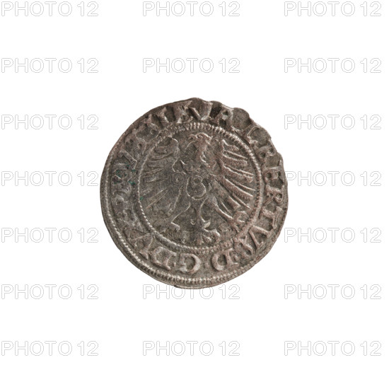 szelag, Nimptsch (Nimsch), Wolf, R1 (rarity), eagles, rosettes, Hohenzollern (coat of arms), Albrecht Hohenzollern (Prince of Prussia; 1490–1568). Obv.: Prussian eagle, on its chest the crowned letter S; on the rim, between the pearl borders, an inscription beginning with a tower — the mint master's mark; between the words one dot ALBERTVS DG DVX PRVSSIE. Rev.: The letter A, below which the heraldic shield of the Hohenzollerns; on both sides of the letters one rosette; on the rim, between the pearl borders, an inscription beginning with a rosette, one rosette between the words: SOLIDVS PRVSSIE I557. 1557, Ducal Prussia (1525–1701), Königsberg. Coin: diameter 20.0 mm, weight 1.19 g, axis 45°.