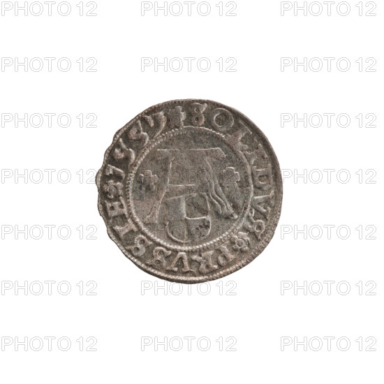 szelag, Nimptsch (Nimsch), Wolf, R1 (rarity). Eagles, rosettes, Hohenzollern (coat of arms). Albrecht Hohenzollern (Prince of Prussia; 1490–1568). Obv. Prussian eagle, on its chest the crowned letter S; on the rim between the pearl borders an inscription beginning with a tower — the mint master's mark; between the words one dot ALBERTVS DG DVX PRVSSIE. Rev. The letter A, below which the heraldic shield of the Hohenzollerns; on both sides of the letters one rosette; on the rim between the pearl borders an inscription beginning with a rosette; one rosette between the words SOLIDVS PRVSSIE I557. 1557. Ducal Prussia (1525–1701), Königsberg. Coin: diameter 20.0 mm, weight 1.19 g, axis 45°.