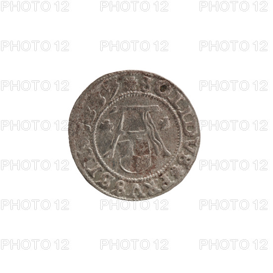 szelag, Nimptsch (Nimsch), Wolf, R1 (rarity), eagles, rosettes, Hohenzollern (coat of arms), Albrecht Hohenzollern (Prince of Prussia; 1490–1568). Obverse: Prussian eagle, on its chest the crowned letter S; on the rim between pearl borders an inscription beginning with a tower — the mint master's mark; between the words one dot. Inscription: ALBERTVS DG DVX PRVS. Reverse: letter A with the heraldic shield of the Hohenzollerns beneath it, one rosette on each side of the letter; on the rim between the pearl borders an inscription beginning with a rosette, one rosette between the words: SOLIDVS PRVSSIE 1557. Date: 1557. Place: Ducal Prussia (1525–1701), Königsberg. Coin, diameter 19.8 mm, weight 1.16 g, axis 80°.