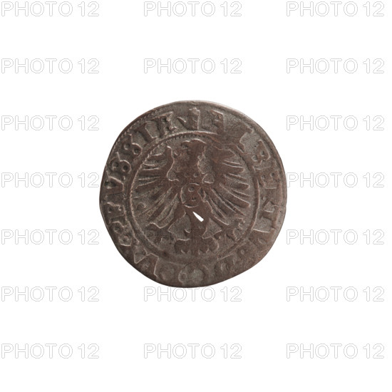 szelag, Nimptsch (Nimsch), Wolf, R (rarity), eagles, Hohenzollern (coat of arms), rosettes, Albrecht Hohenzollern (Prince of Prussia; 1490–1568). Obv.: Prussian eagle, on its chest the crowned letter S. On the rim, between the pearl borders, an inscription beginning with a tower — the mint master's mark. Between the words one dot. ALBERT, DG DVX PRVSSIE Rw. The letter A, below which the heraldic shield of the Hohenzollerns. On both sides of the letter, one rosette. In the rim, between the pearl borders, an inscription beginning with a rosette. One rosette between the words. LI, S PRVSSIE 1558. Ducal Prussia (1525–1701), Königsberg. Coin: diameter 19.7 mm, weight 1.06 g, axis 180°.