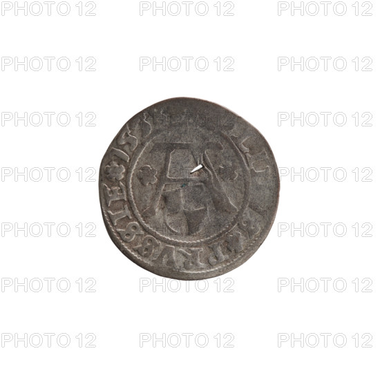 szelag, Nimptsch (Nimsch), Wolf, R (rarity), eagles, Hohenzollern (coat of arms), rosettes, Albrecht Hohenzollern (Prince of Prussia; 1490–1568). Obv.: Prussian eagle, on its chest the crowned letter S. On the rim, between the pearl borders, an inscription beginning with a tower — the mint master's mark. Between the words one dot. Legend: ALBERT, DG DVX PRVSSIE Rw. The letter A, below which the heraldic shield of the Hohenzollerns. On both sides of the letter, one rosette. In the rim, between the pearl borders, an inscription beginning with a rosette; one rosette between the words. Legend: S PRVSSIE 1558. 1558. Ducal Prussia (1525–1701), Königsberg. Coin: diameter 19.7 mm, weight 1.06 g, axis 180°.