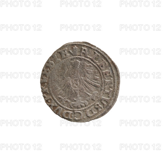 szelag, Nimptsch (Nimsch), Wolf, R (rarity), eagles, Hohenzollern (coat of arms), rosettes, Albrecht Hohenzollern (Prince of Prussia; 1490–1568). Obv.: Prussian eagle, on its chest the crowned letter S. On the rim, between the pearl borders, an inscription beginning with a tower — the mint master's mark; between the words one dot. ALBERTVS DG DVX PRVSSIE. Rev.: The letter A, below which the heraldic shield of the Hohenzollerns; on both sides of the letter, one rosette. In the rim, between the pearl borders, an inscription beginning with a rosette; one rosette between the words. SOLIDVS PRVSSIE. 1558. Ducal Prussia (1525–1701), Königsberg. Coin: diameter 20.2 mm, weight 0.92 g, axis 135°.