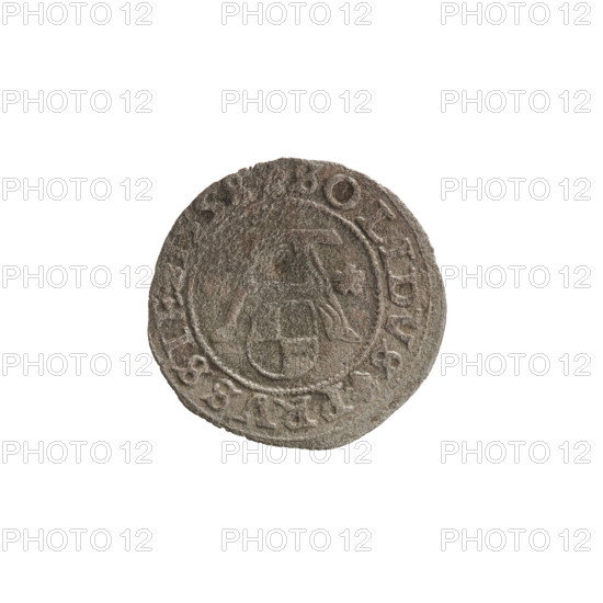 szelag, Nimptsch (Nimsch), Wolf, R (rarity), eagles, Hohenzollern (coat of arms), rosettes, Albrecht Hohenzollern (Prince of Prussia; 1490–1568). Obv.: Prussian eagle, on its chest the crowned letter S. On the rim, between the pearl borders, an inscription beginning with a tower — the mint master's mark; between the words one dot: ALBERTVS DG DVX PRVSSIE. Rev.: the letter A, below which the heraldic shield of the Hohenzollerns; on both sides of the letter one rosette. In the rim, between the pearl borders, an inscription beginning with a rosette; one rosette between the words: SOLIDVS PRVSSIE 1558. Ducal Prussia (1525–1701), Königsberg. Coin: diameter 20.2 mm, weight 0.92 g, axis 135°.