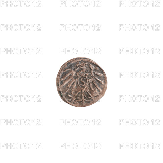 Denarius; publishers: Heinrich Straub, Albrecht Wille (fl. 1520-?), Jost Ludwik Decjusz (fl. 1528-1535); rarity R3. Obverse: in a pearly border the letter A above the Hohenzollern heraldic shield, with a rosette on each side and one above. Reverse: in a pearly border a Prussian eagle with a crowned shield bearing the letter S on its chest. Inscription/marks: eagles, rosettes, Hohenzollern (coat of arms), Albrecht Hohenzollern (Prince of Prussia; 1490–1568). Date: 1529–1531. Place: Ducal Prussia (1525–1701), Königsberg. Object: coin (denarius). Diameter 12.9 mm; weight 0.34 g; axis 315°.