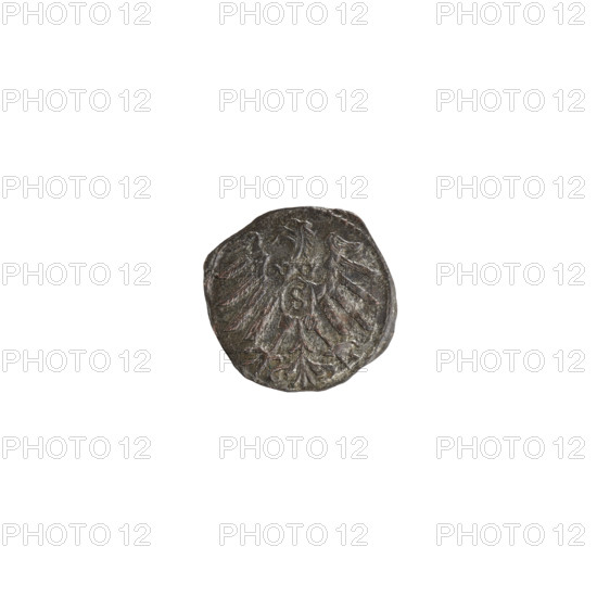Denarius, Nimptsch (Nimsch), Wolf, R5 (rarity); obverse: in beaded border the letter A beneath the Hohenzollern coat of arms, flanked by numerals 5 - 8, with a rosette above; reverse: in beaded border the Prussian eagle with a crowned shield bearing the letter S on its chest. 1558. Albrecht Hohenzollern (Prince of Prussia; 1490–1568). Ducal Prussia (1525–1701), Königsberg. Coin; diameter 13.8 mm, weight 0.48 g, axis 225°.