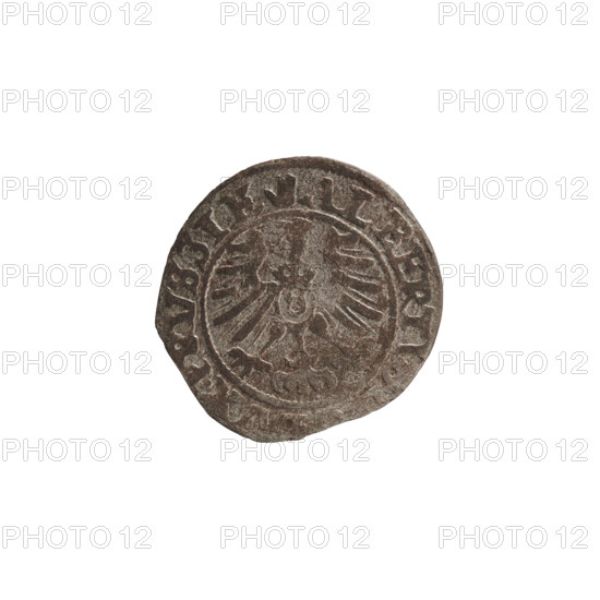 szelag, Nimptsch (Nimsch), Wolf, R (rarity), eagles, rosettes, Hohenzollern (coat of arms), Albrecht Hohenzollern (Prince of Prussia; 1490–1568). Obv.: Prussian eagle, on its chest the crowned letter S. On the rim, between the pearl borders, an inscription beginning with a tower — the mint master's mark; between the words one dot each: ALBERTVS DG DVX PRVSSIE. Rev.: the letter A, below which the Hohenzollern coat of arms; on both sides of the letter, one rosette. In the rim between the pearl borders an inscription beginning with a rosette; between the words one rosette each: SOLIDVS PRVSSIE 1559. 1559. Ducal Prussia (1525–1701), Königsberg. Coin: diameter 20.0 mm, weight 1.05 g, axis 200°.