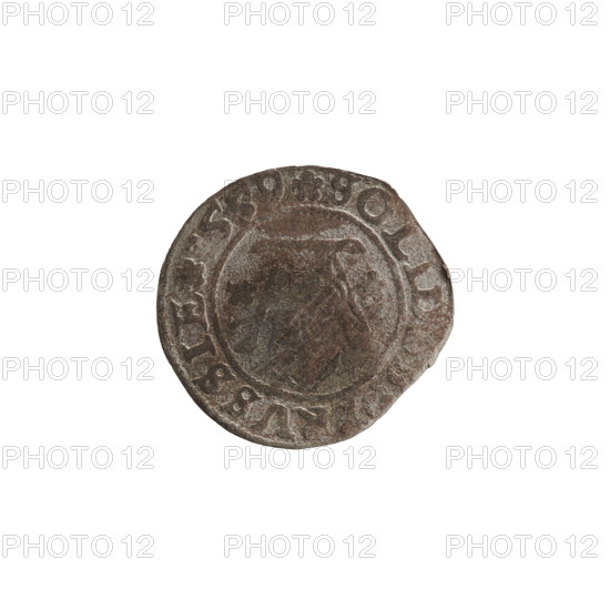 szelag, Nimptsch (Nimsch), Wolf, R (rarity), eagles, rosettes, Hohenzollern (coat of arms), Albrecht Hohenzollern (Prince of Prussia; 1490–1568). Obv.: Prussian eagle, on its chest the crowned letter S. On the rim, between the pearl borders, an inscription beginning with a tower — the mint master's mark; between the words one dot each: ALBERTVS DG DVX PRVSSIE. Rev.: The letter A, below which the Hohenzollern coat of arms. On both sides of the letter, one rosette. In the rim between the pearl borders an inscription beginning with a rosette; between the words one rosette each: SOLIDVS PRVSSIE 1559. Ducal Prussia (1525–1701), Königsberg. Coin: diameter 20.0 mm, weight 1.05 g, axis 200°.