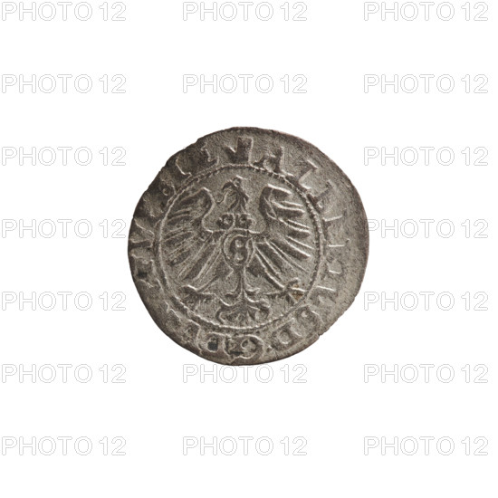 szelag, Nimptsch (Nimsch), Wolf, R (rarity), eagles, rosettes, Hohenzollern (coat of arms), Albrecht Hohenzollern (Prince of Prussia; 1490–1568). Obv.: Prussian eagle, on its chest the crowned letter S. On the rim, between the pearl borders, an inscription beginning with a tower — the mint master's mark; between the words one dot each: ALBERTVS DG DV, VSSIE Rw. The letter A, beneath which the heraldic shield of the Hohenzollerns. On both sides of the letters, one rosette. In the rim between the pearl borders an inscription beginning with a rosette; between the words one rosette: SOLIDVS P, IE 1559. 1559. Ducal Prussia (1525–1701), Königsberg. Coin: diameter 19.8 mm, weight 1.02 g, axis 60°.