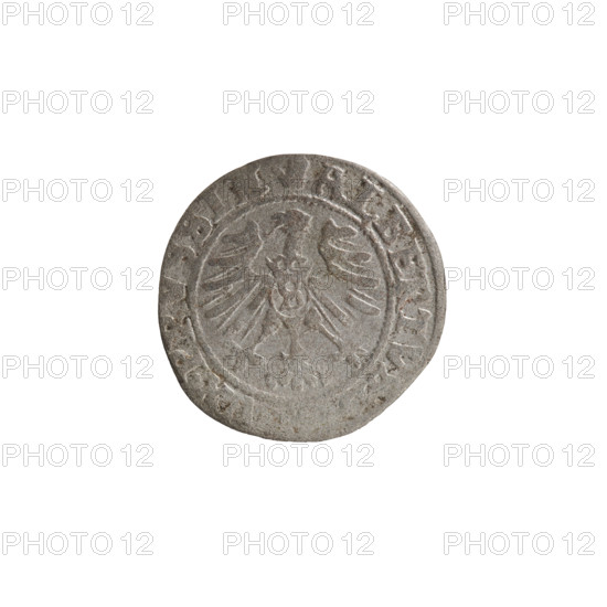 szelag, Nimptsch (Nimsch), Wolf, R (rarity), eagles, Hohenzollern (coat of arms), rosettes, Albrecht Hohenzollern (Prince of Prussia; 1490–1568). Obv.: Prussian eagle, on its chest the crowned letter S. On the rim, between the pearl borders, an inscription beginning with a tower — the mint master's mark. Between the words one dot each: ALBERTVS, VX PRVSSIE Rw. The letter A, beneath which the Hohenzollern coat of arms. On both sides of the letter, one rosette. In the rim between the pearl borders an inscription beginning with a rosette. Between the words one rosette each: SOLIDVS PRVSSIE 1559. 1559. Ducal Prussia (1525–1701), Königsberg. Coin: diameter 19.9 mm, weight 1.00 g, axis 80°.