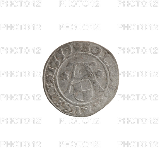 szelag, Nimptsch (Nimsch), Wolf, R (rarity), eagles, Hohenzollern (coat of arms), rosettes, Albrecht Hohenzollern (Prince of Prussia; 1490–1568). Obv.: Prussian eagle, on its chest the crowned letter S. On the rim, between the pearl borders, an inscription beginning with a tower - the mint master's mark. Between the words one dot each: ALBERTVS, VX PRVSSIE Rw. The letter A, beneath which the Hohenzollern coat of arms; on both sides of the letter, one rosette. In the rim between the pearl borders an inscription beginning with a rosette. Between the words one rosette each: SOLIDVS PRVSSIE 1559. Ducal Prussia (1525–1701), Königsberg. Coin: diameter 19.9 mm, weight 1.00 g, axis 80°.