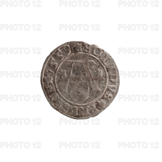 szelag, Nimptsch (Nimsch), Wolf, R (rarity), eagles, rosettes, Hohenzollern (coat of arms), Albrecht Hohenzollern (Prince of Prussia; 1490-1568), Obv. Prussian eagle, on its chest the crowned letter S. On the rim, between the pearl borders, an inscription beginning with a tower - the mint master's mark. Between the words one dot each ALBERTVS DG DVX PRVSSIE Rev. The letter A, below which the Hohenzollern coat of arms. On both sides of the letter, one rosette. In the rim between the pearl borders an inscription beginning with a rosette. Between the words one rosette each SOLIDVS PRVSSIE 1559, 1559, Ducal Prussia (1525-1701), Königsberg, coin, diameter 20.2 mm, weight 0.88 g, axis 135 degrees.