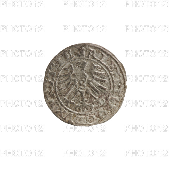 szelag, Nimptsch (Nimsch), Wolf, R (rarity), eagles, rosettes, Hohenzollern (coat of arms), Albrecht Hohenzollern (Prince of Prussia; 1490–1568). Obv.: Prussian eagle, on its chest the crowned letter S. On the rim, between the pearl borders, an inscription beginning with a tower — the mint master's mark; between the words one dot each: ALBERTVS DG DVX PRVSSIE. Rev.: the letter A, below which the Hohenzollern coat of arms; on both sides of the letter, one rosette. In the rim between the pearl borders an inscription beginning with a rosette; between the words one rosette each: SOLIDVS PRVSSIE 1559. 1559. Ducal Prussia (1525–1701), Königsberg. Coin; diameter 20.3 mm; weight 0.84 g; axis 170°.