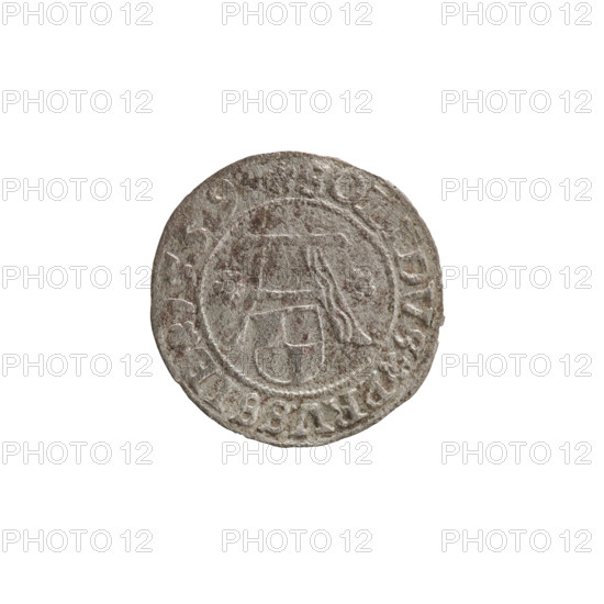 szelag, Nimptsch (Nimsch), Wolf, R (rarity), eagles, rosettes, Hohenzollern (coat of arms), Albrecht Hohenzollern (Prince of Prussia; 1490–1568). Obv.: Prussian eagle, on its chest the crowned letter S. On the rim, between the pearl borders, an inscription beginning with a tower — the mint master's mark; between the words one dot each: ALBERTVS DG DVX PRVSSIE. Rev.: the letter A, below which the Hohenzollern coat of arms; on both sides of the letter, one rosette. In the rim between the pearl borders an inscription beginning with a rosette; between the words one rosette each: SOLIDVS PRVSSIE 1559. 1559. Ducal Prussia (1525–1701), Königsberg. Coin: diameter 20.3 mm; weight 0.84 g; axis 170 degrees.