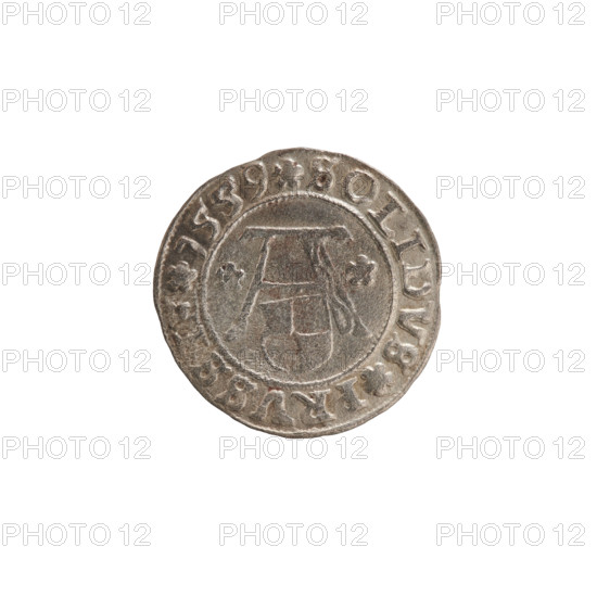 szelag, Nimptsch (Nimsch), Wolf, R (rarity), eagles, rosettes, Hohenzollern (coat of arms), Albrecht Hohenzollern (Prince of Prussia; 1490–1568). Obv.: Prussian eagle, on its chest the crowned letter S. On the rim, between the pearl borders, an inscription beginning with a tower — the mint master's mark; between the words one dot each: ALBERTVS DG DVX PRVSSIE. Rev.: the letter A, below which the Hohenzollern coat of arms; on both sides of the letter, one rosette. In the rim between the pearl borders an inscription beginning with a rosette; between the words one rosette each: SOLIDVS PRVSSIE 1559. Ducal Prussia (1525–1701), Königsberg; coin. Diameter 19.9 mm; weight 1.02 g; axis 290°.