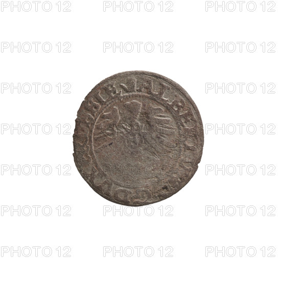 szelag, Nimptsch (Nimsch), Wolf, R (rarity), eagles, rosettes, Hohenzollern (coat of arms), Albrecht Hohenzollern (Prince of Prussia; 1490–1568). Obv.: Prussian eagle, on its chest the crowned letter S. On the rim, between the pearl borders, an inscription beginning with a tower — the mint master's mark. Between the words one dot each: ALBERTV, G DVX, VSSIE. Rv.: The letter A, beneath which the heraldic shield of the Hohenzollerns. On both sides of the letters, one rosette. In the rim between the pearl borders an inscription beginning with a rosette. Between the words one rosette each: SO, PRVSSI, 1559. Ducal Prussia (1525–1701), Königsberg. Coin: diameter 19.7 mm, weight 0.84 g, axis 0°.