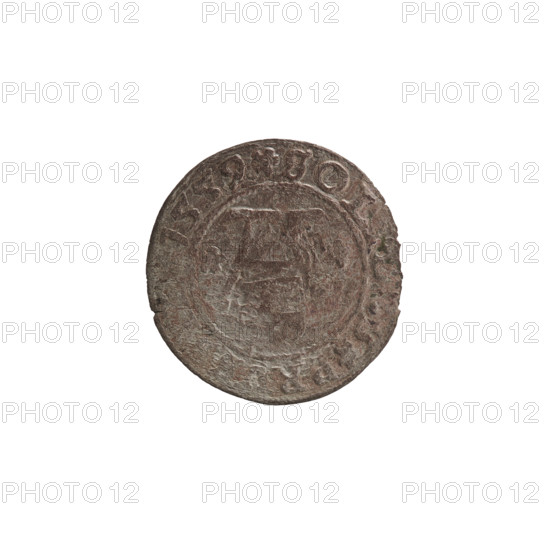 szelag, Nimptsch (Nimsch), Wolf, R (rarity), eagles, rosettes, Hohenzollern (coat of arms), Albrecht Hohenzollern (Prince of Prussia; 1490–1568), Obv. Prussian eagle, on its chest the crowned letter S. On the rim, between the pearl borders, an inscription beginning with a tower - the mint master's mark. Between the words one dot each ALBERTV, G DVX, VSSIE. The letter A, beneath which the heraldic shield of the Hohenzollerns. On both sides of the letters, one rosette. In the rim between the pearl borders an inscription beginning with a rosette. Between the words one rosette each SO, PRVSSI, 1559. Ducal Prussia (1525–1701), Königsberg. Coin: diameter 19.7 mm, weight 0.84 g, axis 0 degrees.