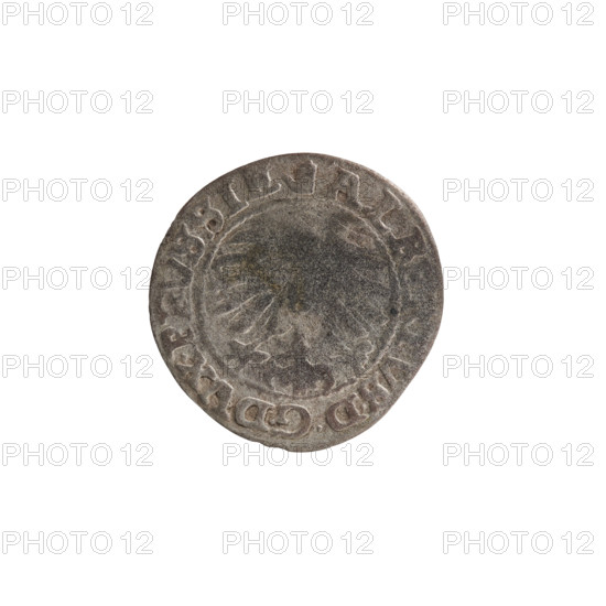 szelag, Lentz, Gerhard, Lauterbach, Casper, publisher, R1 (rarity), eagles, rosettes, Hohenzollern (coat of arms), Albrecht Hohenzollern (Prince of Prussia; 1490–1568). Obv.: Prussian eagle, on its chest the letter S. On the rim, between the pearl borders, an inscription beginning with a tower — the mint master's mark. Between the words one dot each: ALBE, TVS DG DVX PRVSSIE. Rev.: The letter A, below which the Hohenzollern family coat of arms. On both sides of the letters, one rosette. In the rim between the pearl borders an inscription beginning with a rosette. Between the words one rosette each: SOLIDVS PRVSSIE 1560. Ducal Prussia (1525–1701), Königsberg. Coin: diameter 20.0 mm, weight 0.79 g, axis 200°.