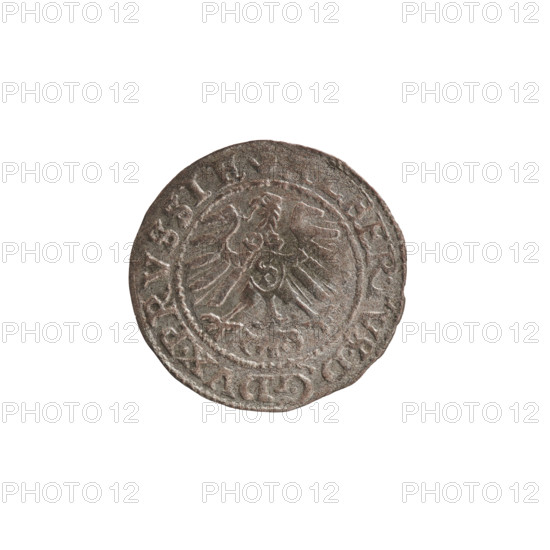 szelag; Lentz, Gerhard; Lauterbach, Casper, publisher; R1 (rarity); eagles; rosettes; Hohenzollern (coat of arms); Albrecht Hohenzollern (Prince of Prussia; 1490–1568). Obv.: Prussian eagle, on its chest the crowned letter S. On the rim, between the pearl borders, an inscription beginning with a tower — the mint master's mark; between the words, one dot each: ALBERTVS DG DVX PRVSSIE. Rev.: the letter A, beneath which the Hohenzollern family coat of arms; on both sides of the letters, one rosette. In the rim between the pearl borders an inscription beginning with a rosette; between the words one rosette: SOLIDVS PRVSSIE 156O. 1560. Ducal Prussia (1525–1701), Königsberg. Coin: diameter 20.7 mm; weight 1.08 g; axis 260°.