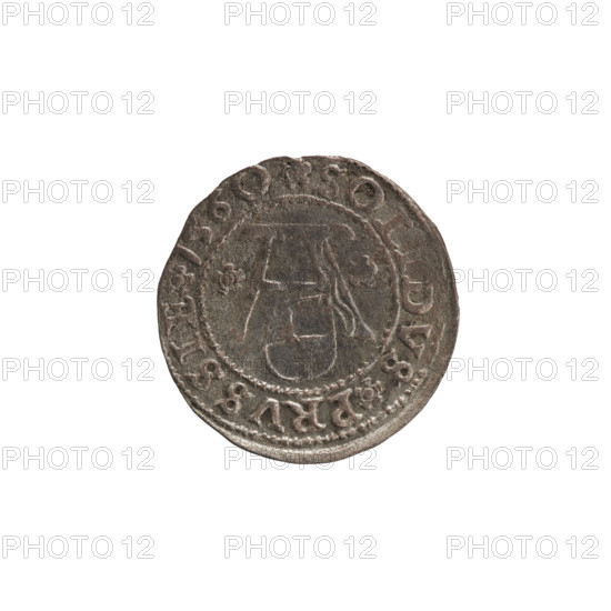 szelag; Lentz, Gerhard; Lauterbach, Casper (publisher); R1 (rarity); eagles; rosettes; Hohenzollern (coat of arms); Albrecht Hohenzollern (Prince of Prussia; 1490–1568). Obverse: Prussian eagle, on its chest the crowned letter S. On the rim, between the pearl borders, an inscription beginning with a tower — the mint master's mark; between the words one dot each: ALBERTVS DG DVX PRVSSIE. Reverse: the letter A, beneath which the Hohenzollern family coat of arms; on both sides of the letters one rosette. In the rim between the pearl borders an inscription beginning with a rosette; between the words one rosette: SOLIDVS PRVSSIE 156O (1560). Ducal Prussia (1525–1701), Königsberg. Coin: diameter 20.7 mm; weight 1.08 g; axis 260°.